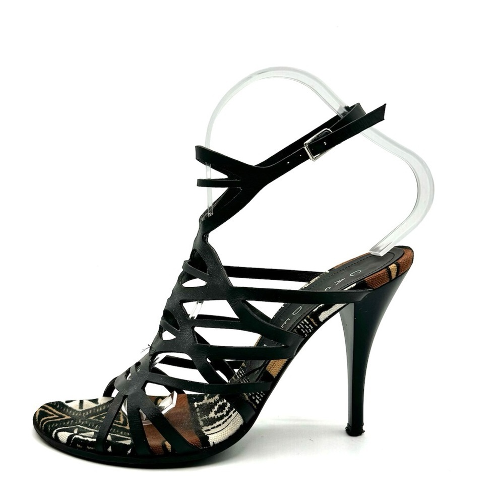 CASADEI BLACK LETTER STRAPPY SANDALS ANKLE BROWN NEUTRAL HEELS TRIBAL SANDALS 7